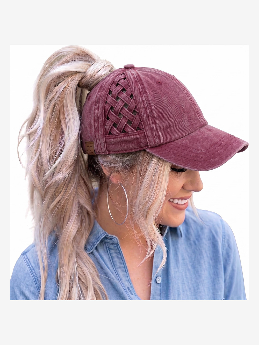 Criss Cross Ponytail Cap, Messy Bun Distressed | Basketweave, Berry | Size OS
